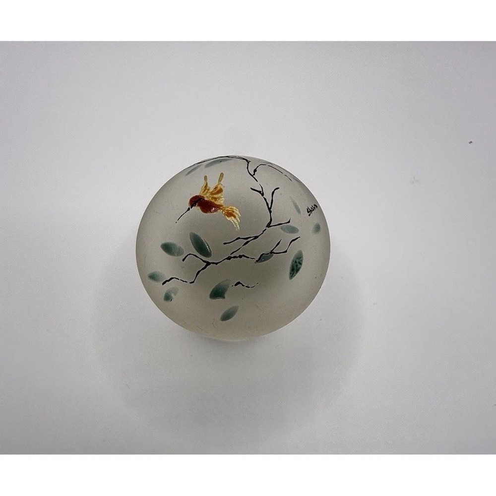 Vintage Frosted Glass Mushroom Figurine Signed Shawn Hand Painted Bird 3" - Picture 2 of 5
